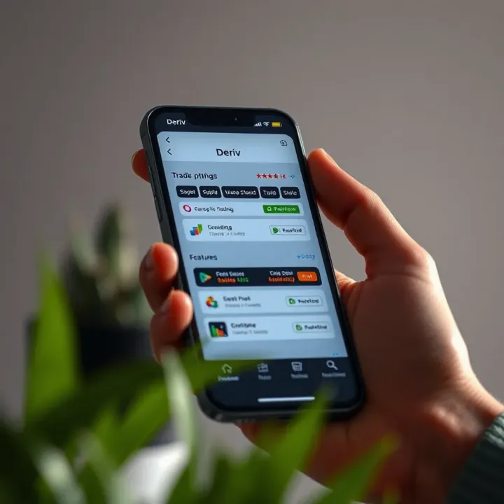 Mobile device showing Deriv app interface with various financial trading options
