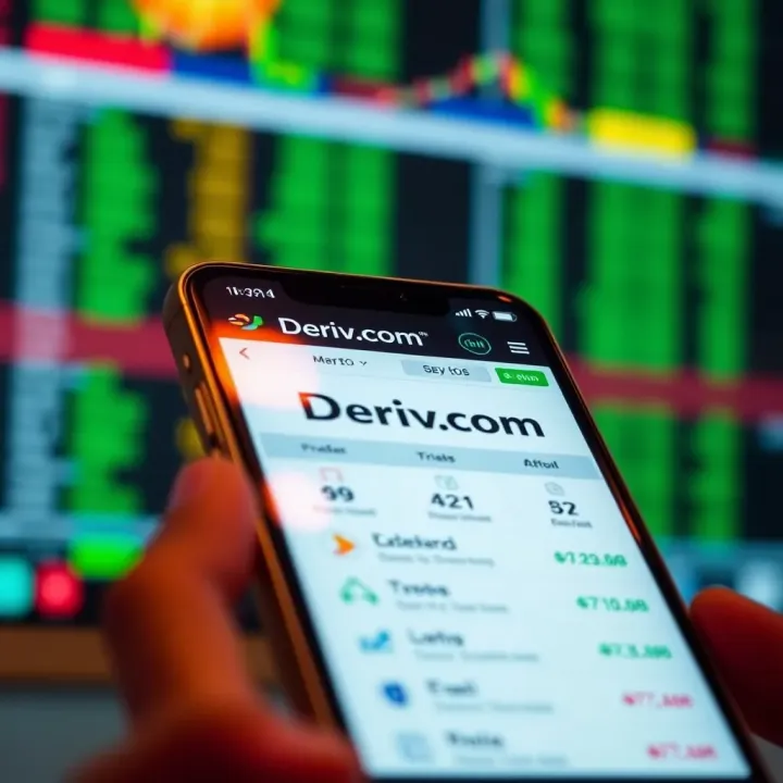 Mobile device displaying Deriv.com trading application interface with financial charts and options