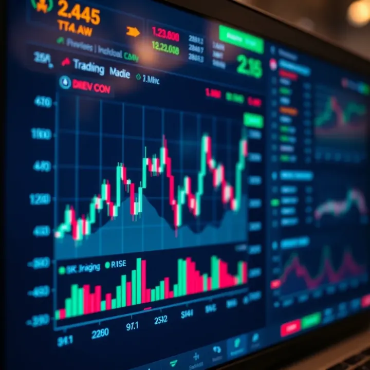 Graph showing financial market trends and trading data on a digital screen