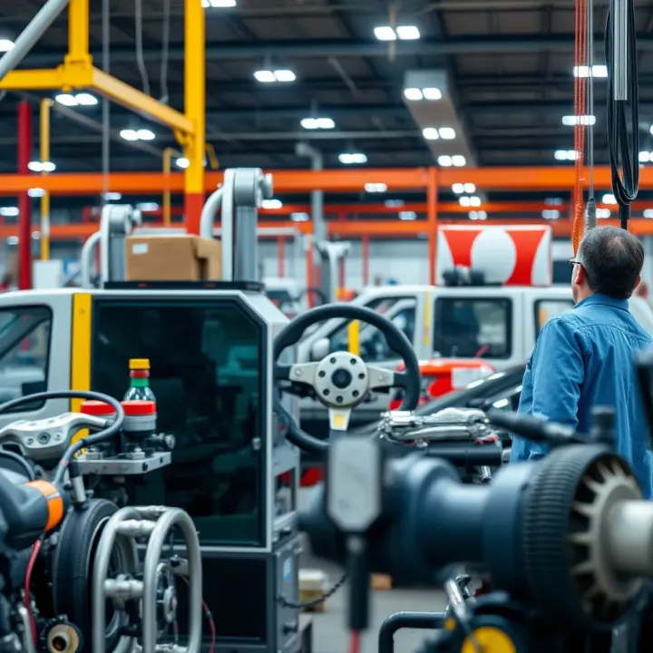 Diverse manufacturing sectors including automotive, electronics, and textiles represented by various industrial machines and products
