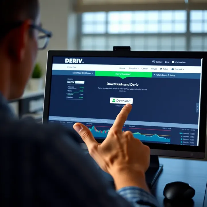 User clicking download button on Deriv official website using desktop computer