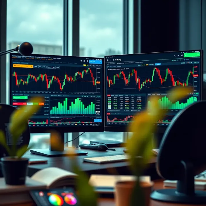 Setup of dual monitors showing real-time stock market trends and trading platforms