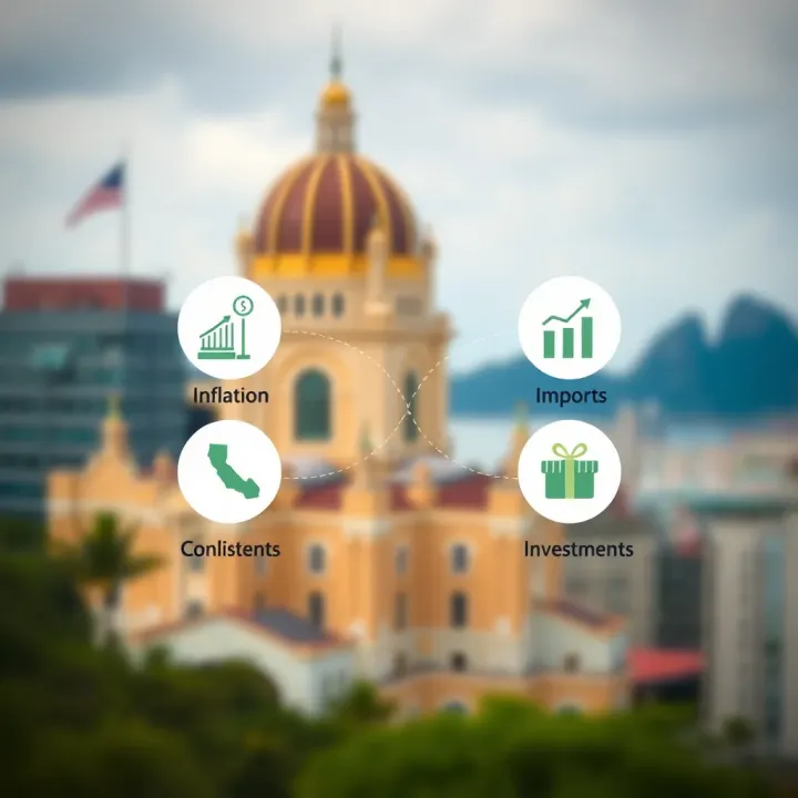 Illustration of economic factors influencing currency value with icons for inflation, imports, and investments