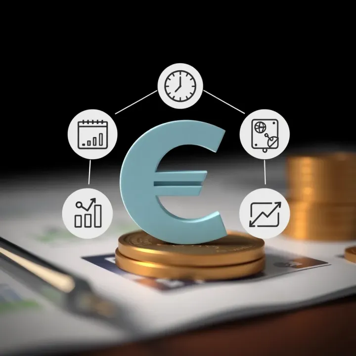 Illustration of factors influencing euro price including market, trade and investment icons