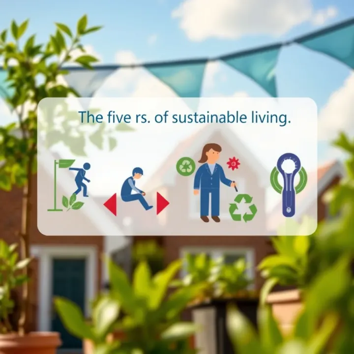 Illustration showing the five principles of sustainability: refuse, reduce, reuse, recycle, and repair, represented with eco-friendly icons