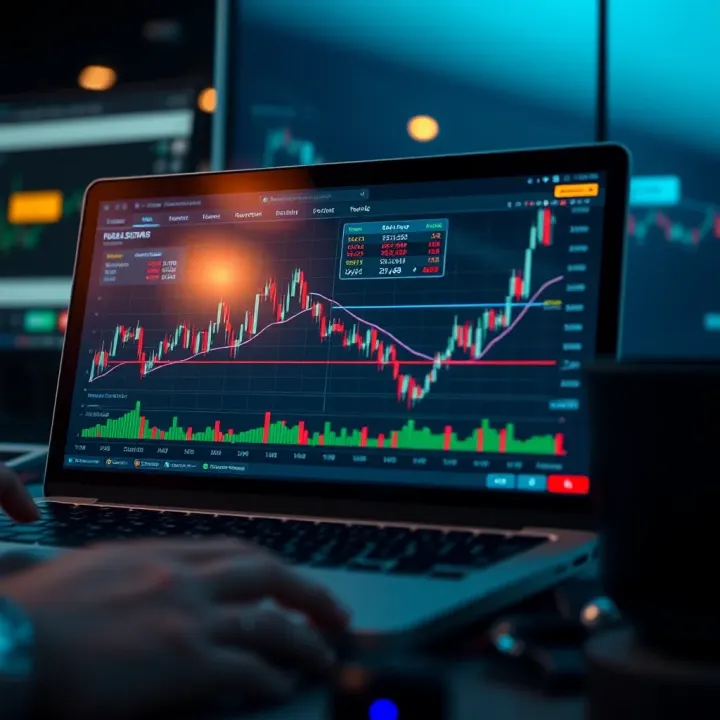Illustration of a digital dashboard displaying forex signals and market indicators