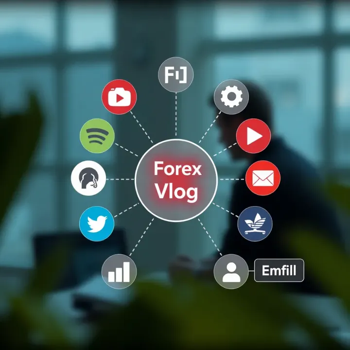 Diagram showing various online platforms connected to a central Forex vlog icon, representing content distribution channels