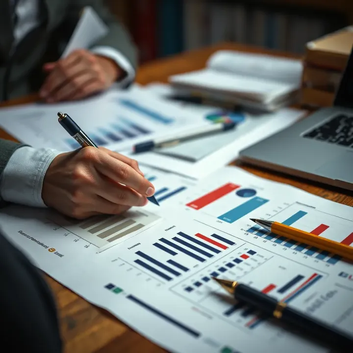 Strategic planning with financial documents, charts, and clear goals