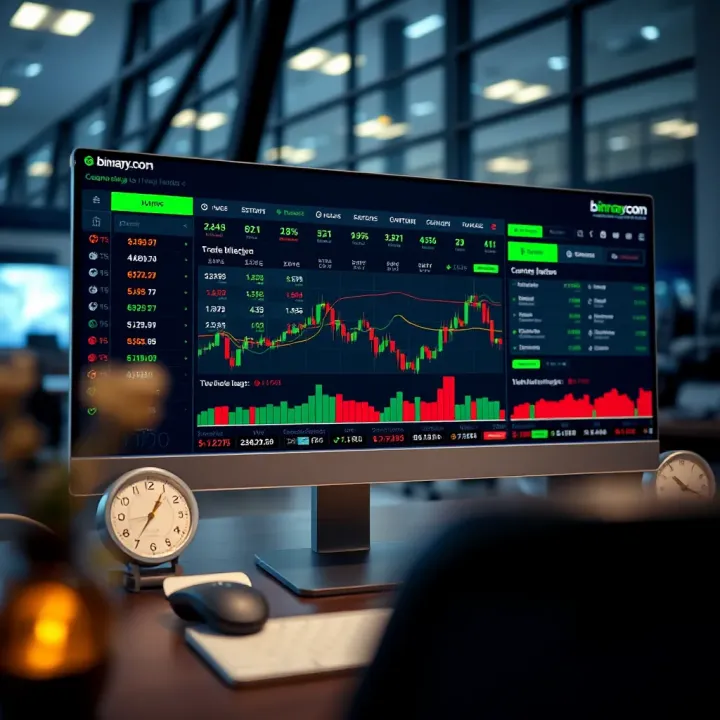 Overview of Binary.com trading interface showing various market options and tools