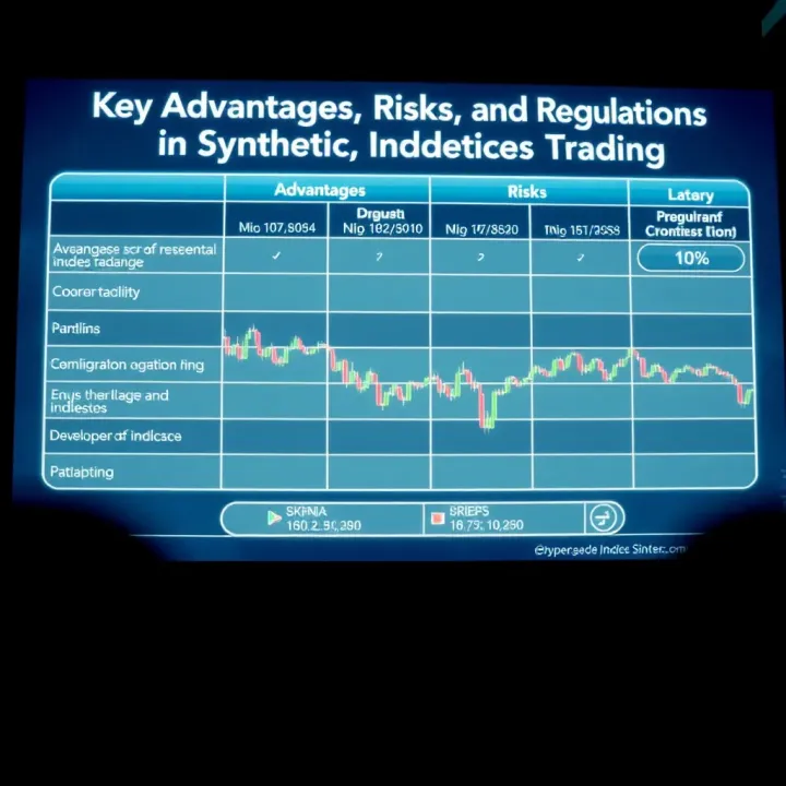 Chart comparing advantages, risks, and regulatory factors of synthetic indices brokers