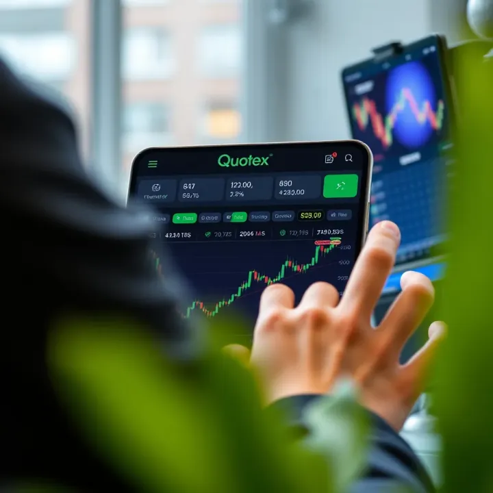 User interacting with Quotex demo mode on a digital device illustrating trading options and risk-free practice