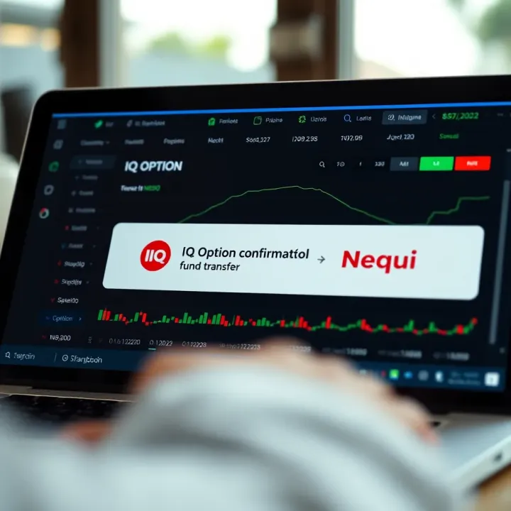 Digital wallet interface showing a successful transfer confirmation between IQ Option and Nequi