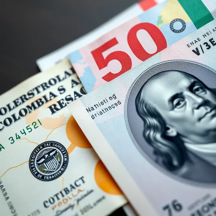Comparing Colombian Pesos and US Dollars for Exchange Rates Close-up view of Colombian peso and US dollar banknotes side by side