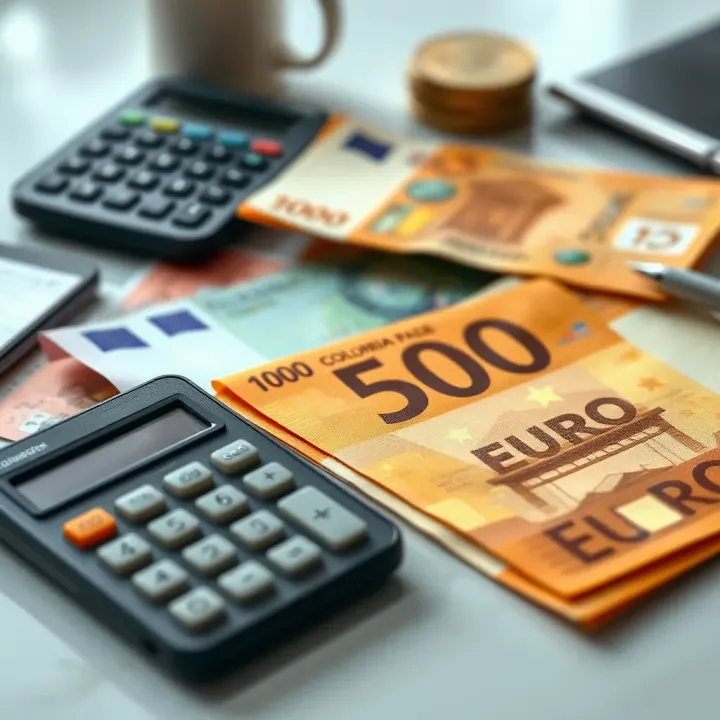 Various currency bills including euros and Colombian pesos laid out on a table with a calculator