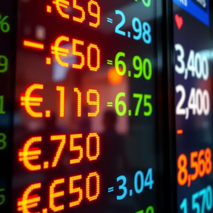 Currency exchange rates displayed on a digital board with euro and Colombian peso symbols