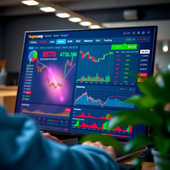 Dashboard view of Hugosway trading platform showing various financial charts and asset options