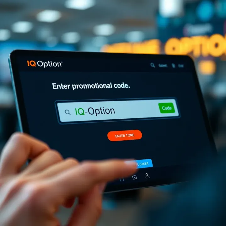 Screenshot showing the IQ Option promotional code input field on the trading platform
