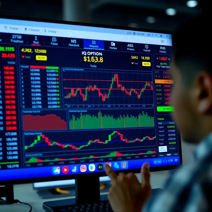 Interface of IQ Option trading platform showing various financial market charts and trading tools