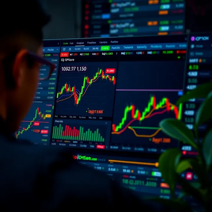 User interface of IQ Option trading platform displaying various financial charts and trading tools