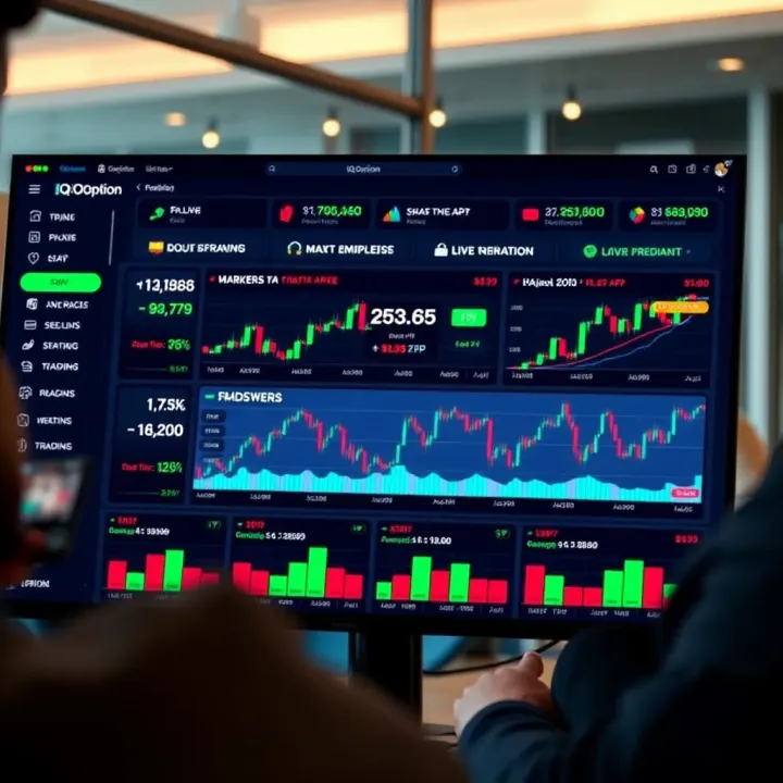 Dashboard interface of IQ Option displaying various trading assets and live market charts