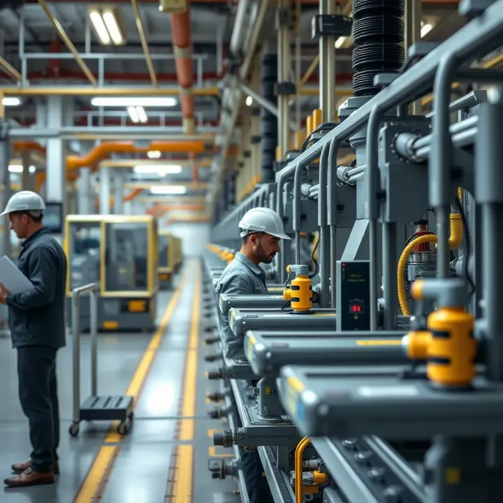 Factory assembly line with automated equipment and workers overseeing production