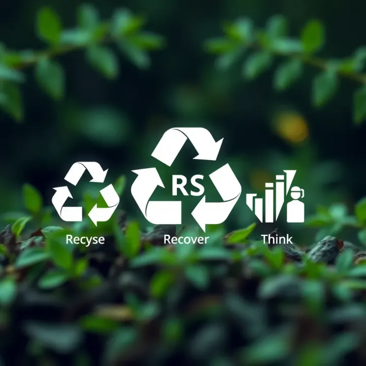 Illustration of the five Rs concept with icons representing reduce, reuse, recycle, recover, and rethink against a green background