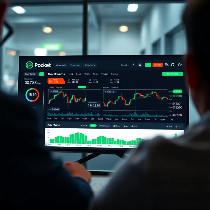 Dashboard interface of Pocket Option demo account showing trading charts and virtual balance