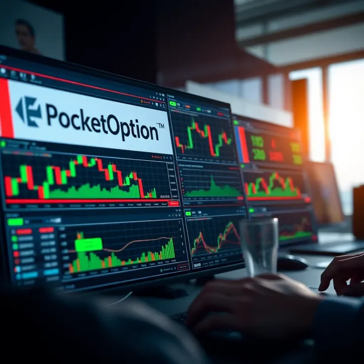 Screenshot of PocketOption trading platform showing binary options and financial charts
