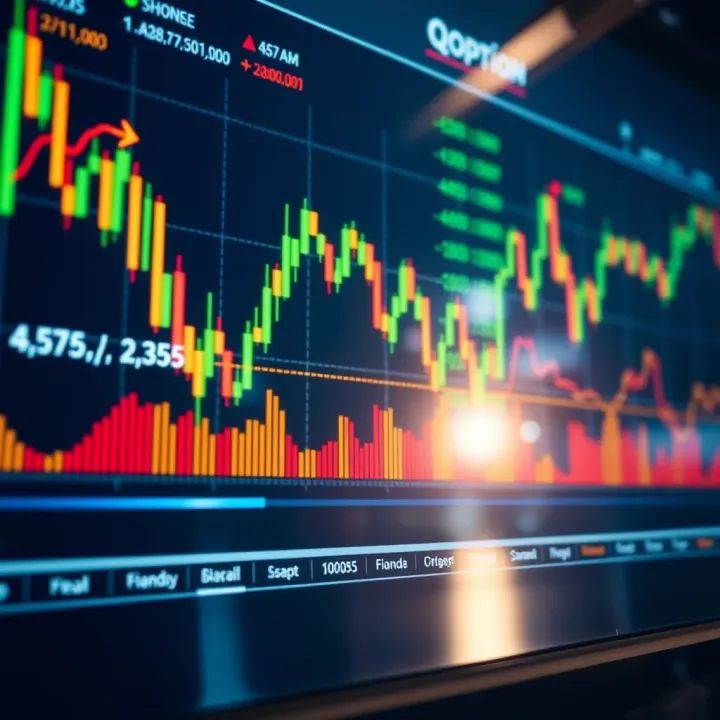 Visual Representation of Market Trends on QOption Platform Graph showing financial market trends and trading signals on a digital screen
