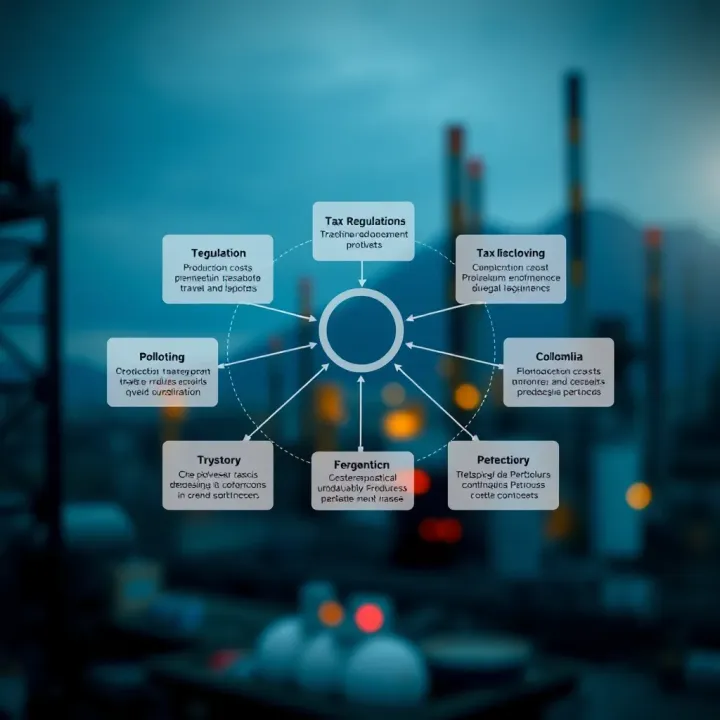 Diagram illustrating the interaction of production costs, tax regulations, and socioeconomic factors in Colombia's oil industry