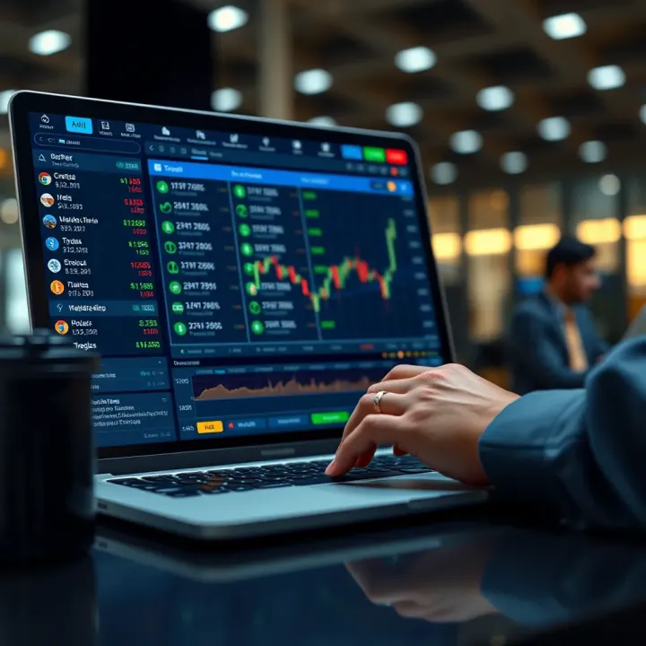 User interacting with a secure digital platform on a laptop, displaying various cryptocurrency exchange options