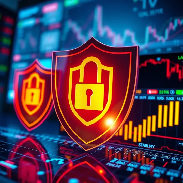 Visual representation of secure online trading with shields and digital security elements