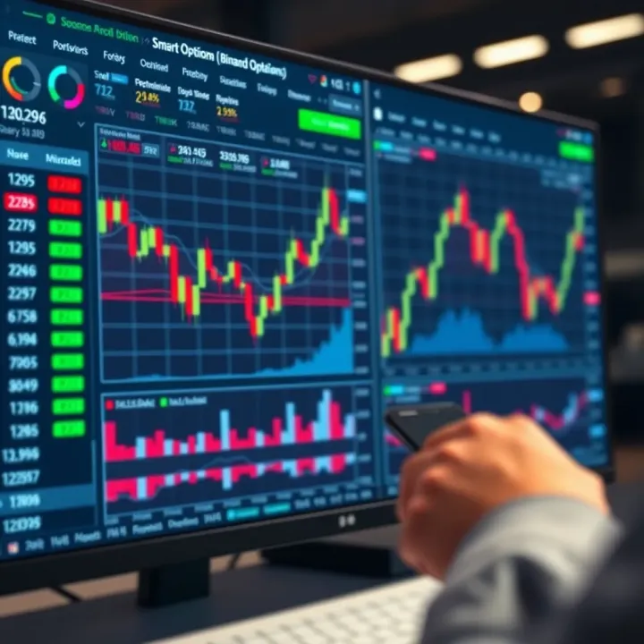 Interface of SmartTrader platform showing forex and binary options charts with trading tools