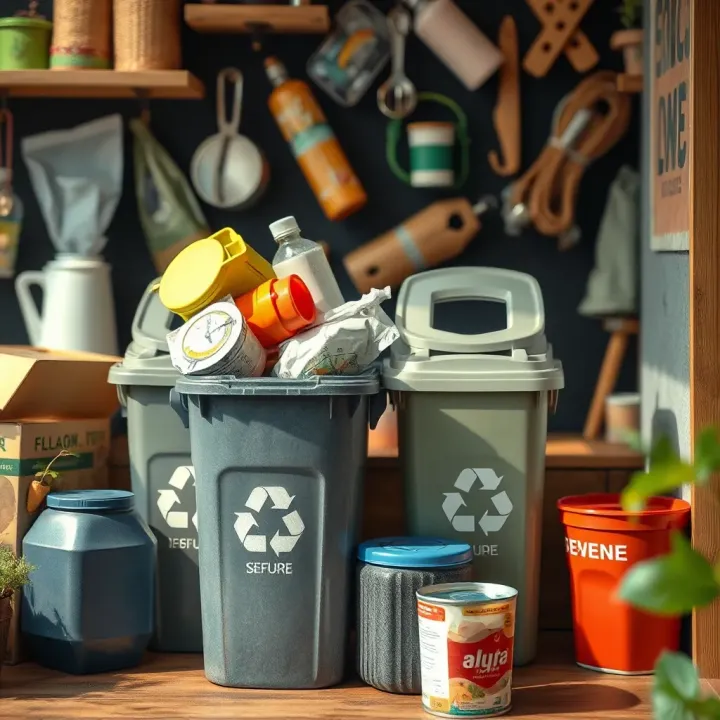 Sustainable Practices for Home and Community Visual representation of a household practicing responsible waste management with recycling bins and repaired items