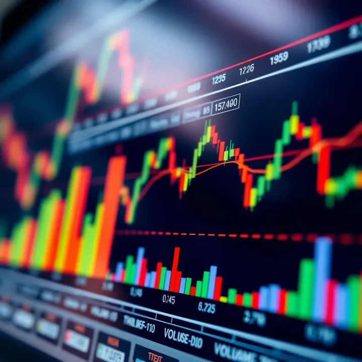 Graph with technical indicators including moving averages and volume bars