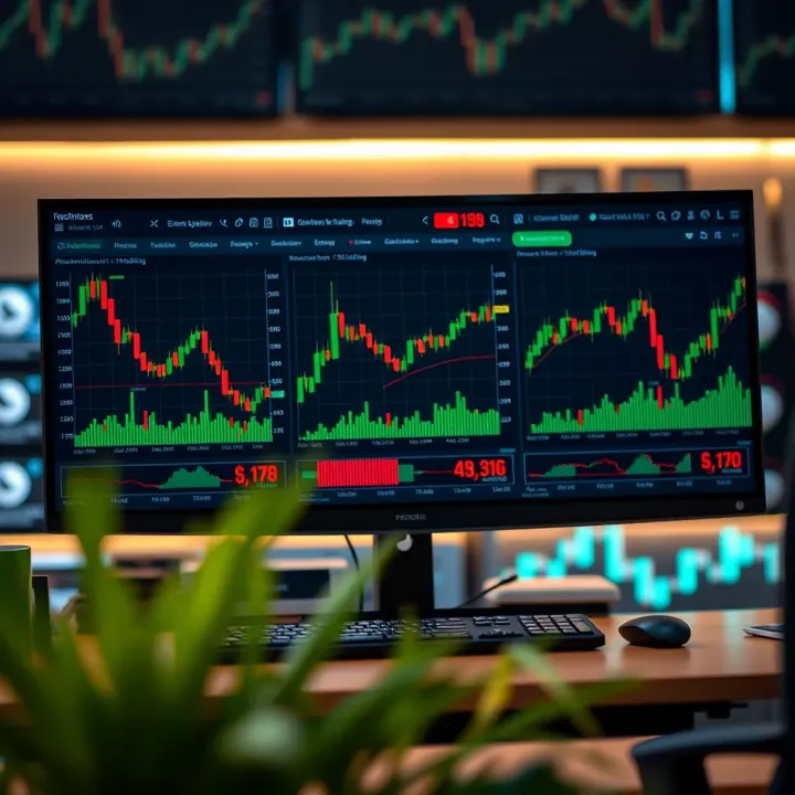 High-resolution trading monitor displaying multiple financial charts and market data