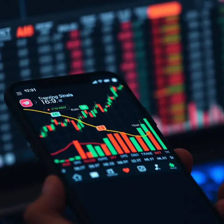 Graph showing rising financial market trends with digital symbols representing trading signals on a mobile device