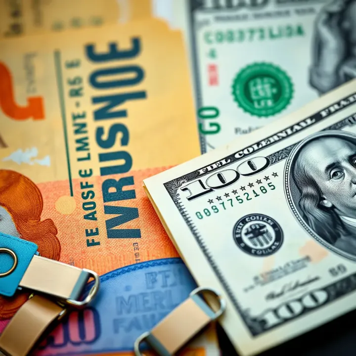 Close-up of Colombian peso and US dollar banknotes side by side demonstrating currency comparison