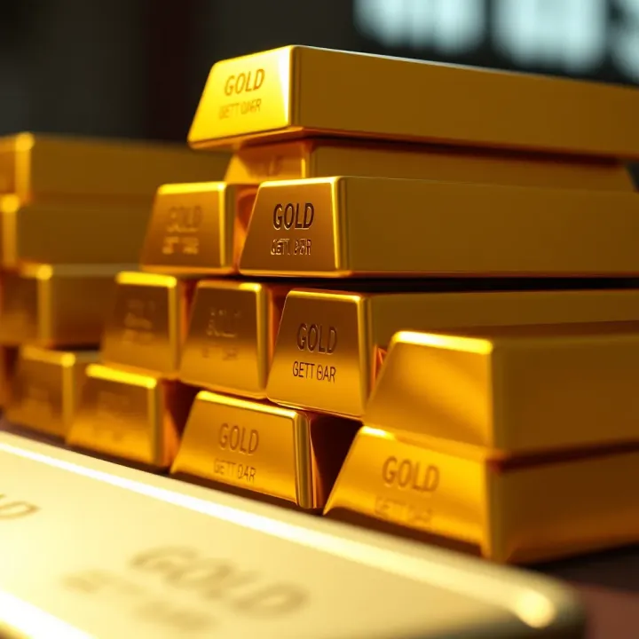 Close up of gold bars stacked together reflecting light
