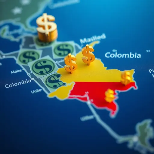 Map showing the United States and Colombia with currency symbols indicating exchange