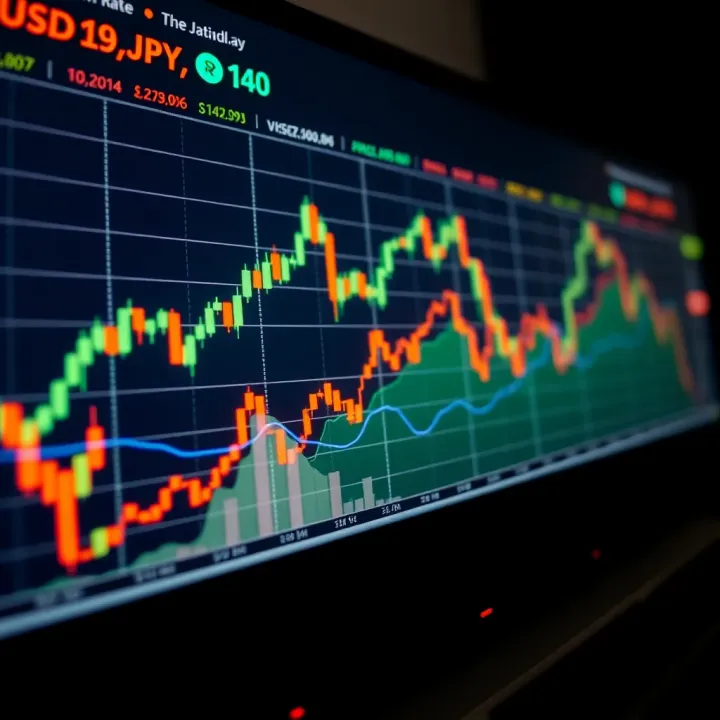 Graph showing daily exchange rate fluctuations between US Dollar and Japanese Yen with economic indicators