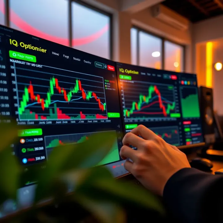 User interface of IQ Option platform showing various trading charts and asset options