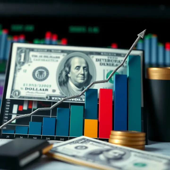 Graph showing upward trend of the dollar against other currencies with economic indicators in the background